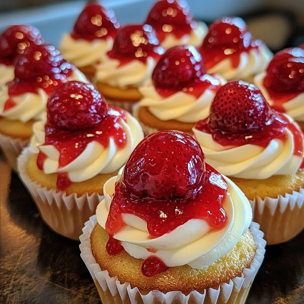 Cupcakes de vainilla decorados con compota de fresa fresca