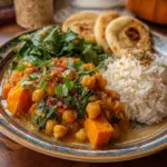 Curry de batata dulce y garbanzos en un bol, comida vegana y saludable