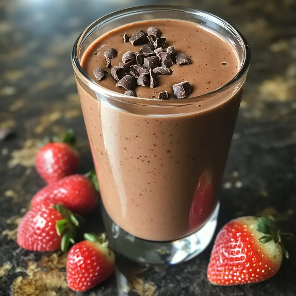 Delicious dark chocolate strawberry smoothie in a glass with fresh strawberries