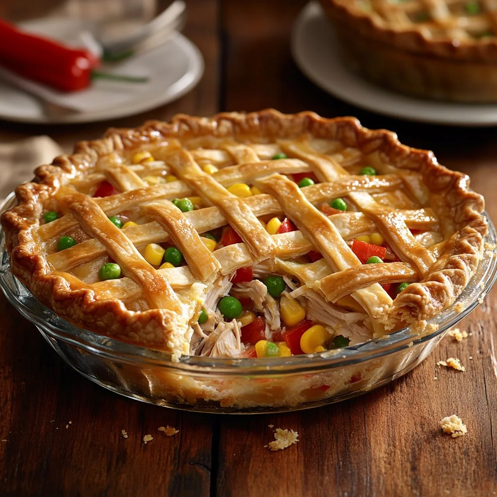 Homemade delicious chicken pie served on a rustic wooden table