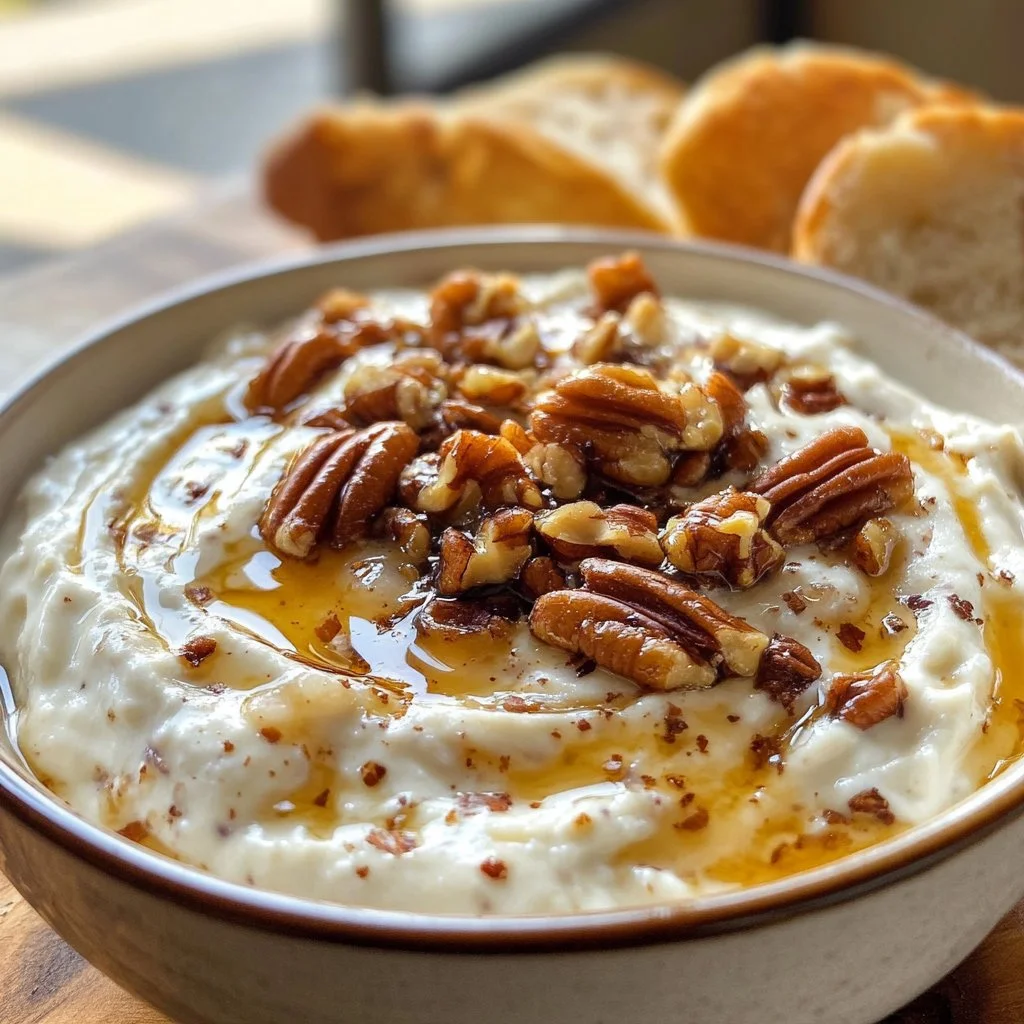 Dip de Queso y Yogurt con cebolla dorada, pecanas y balsámico en un plato atractivo