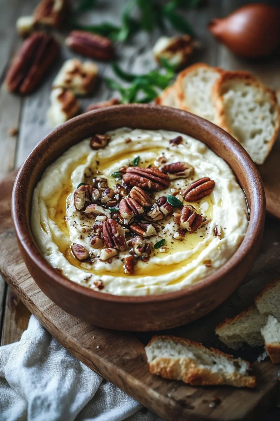 Dip de queso y yogurt con cebolla dorada, pecanas y balsámico