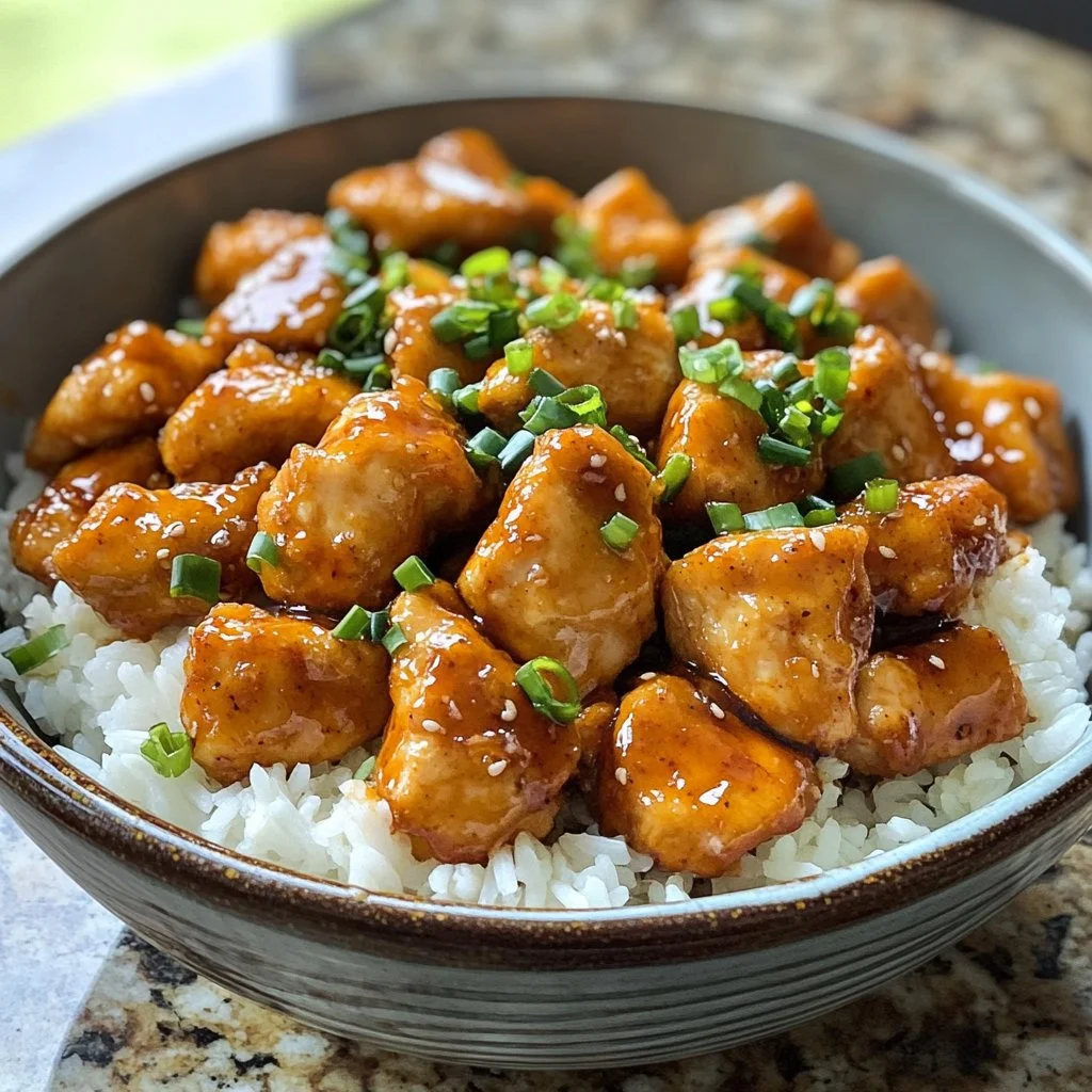 Delicious homemade orange chicken served with rice and vegetables
