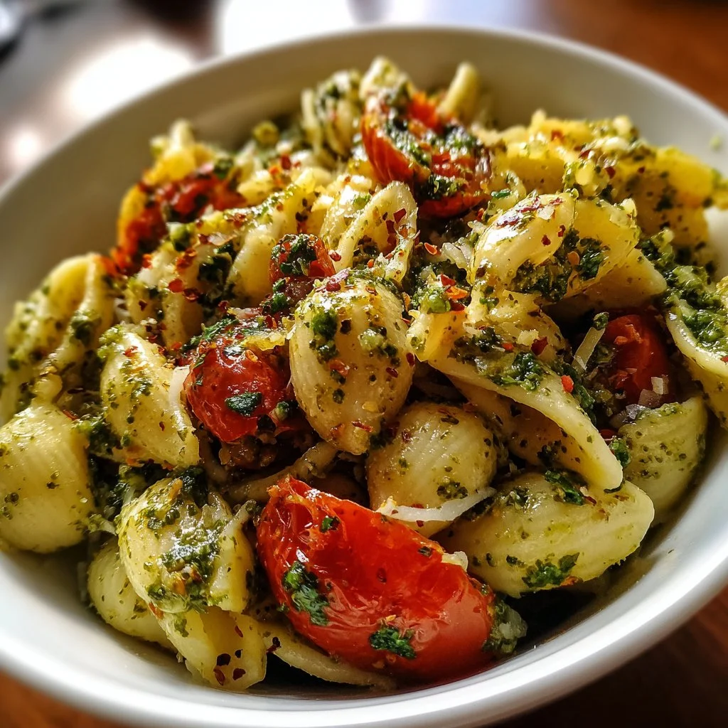Ensalada de pasta con pesto y vegetales frescos en un tazón.