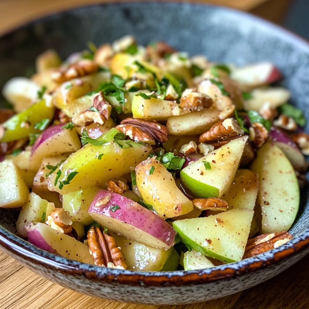 Ensalada fresca de nuez y manzana servida en un plato colorido.