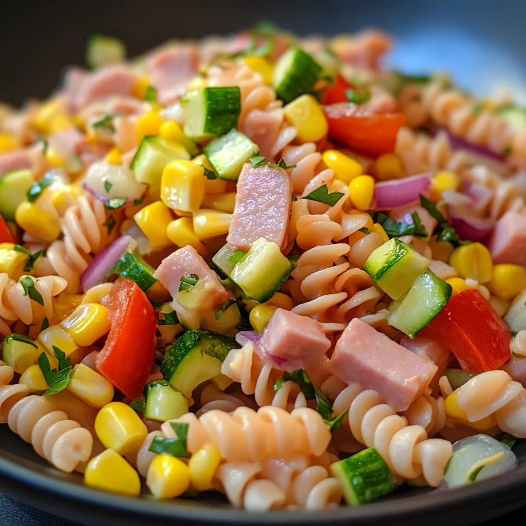 Ensalada fría de pasta fresca con vegetales y aderezo