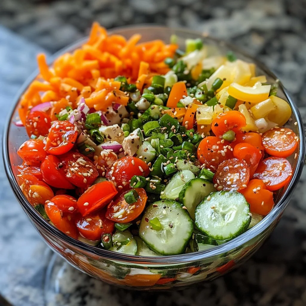 Ensalada fría de pasta con vegetales frescos y aderezo ligero