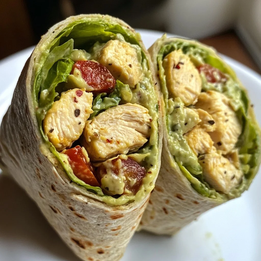 Envolturas de ensalada de pollo con aguacate en un plato