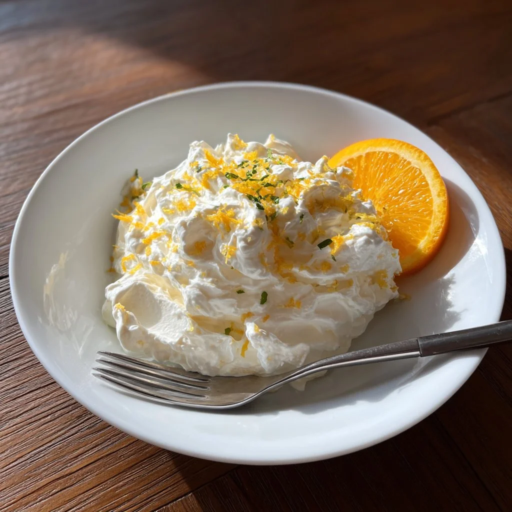 Fluff de yogur griego con naranja en un tazón colorido.