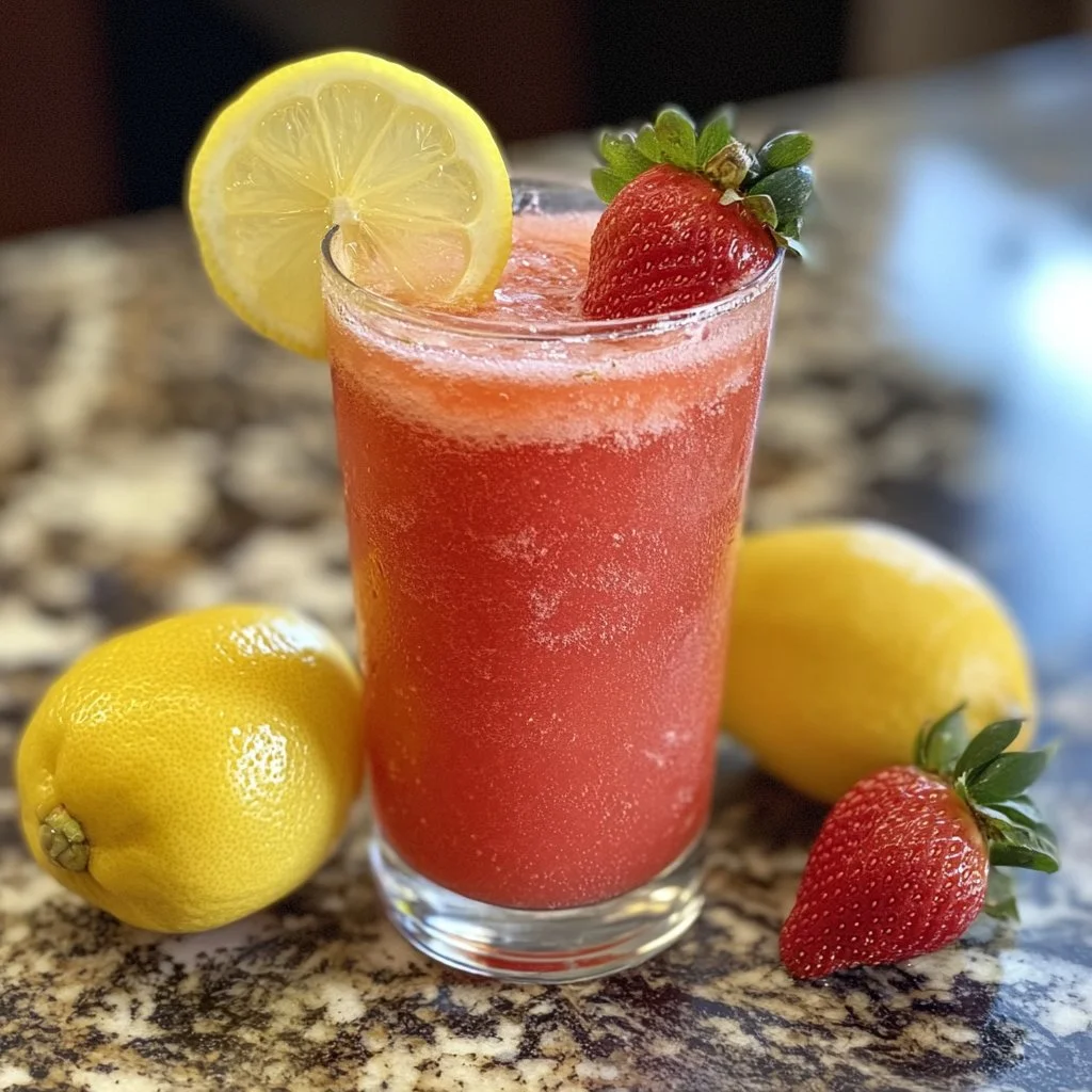 Delicious frozen strawberry lemonade served in a glass with fresh strawberries.