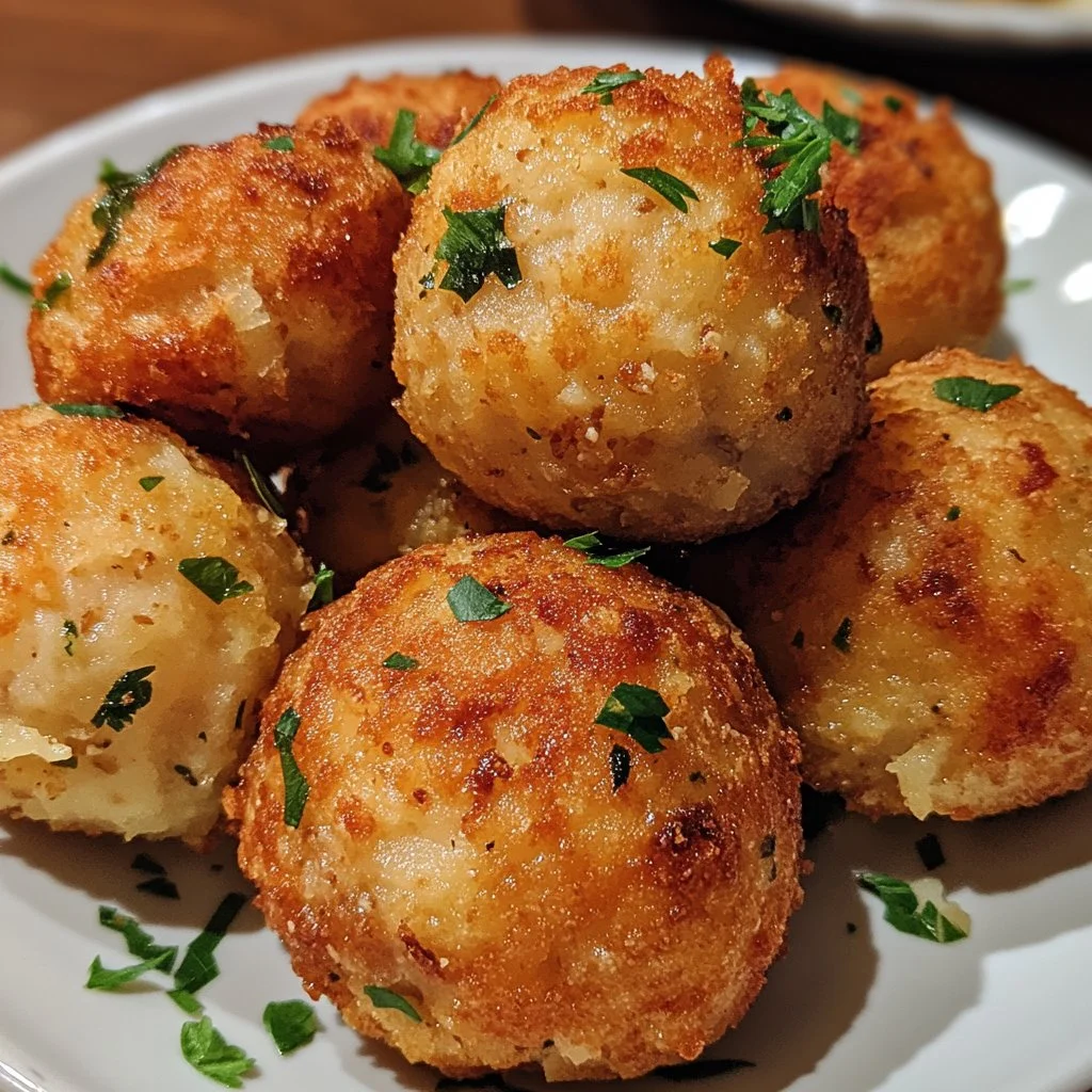 Plate of Grandma's homemade potato meatballs with herbs and spices.