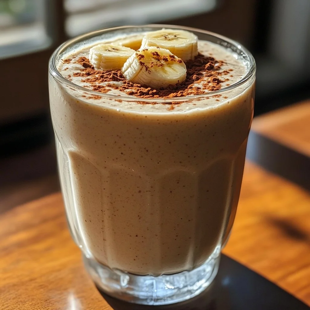 Gut healthy Bananas Foster Smoothie topped with banana slices and caramel drizzle
