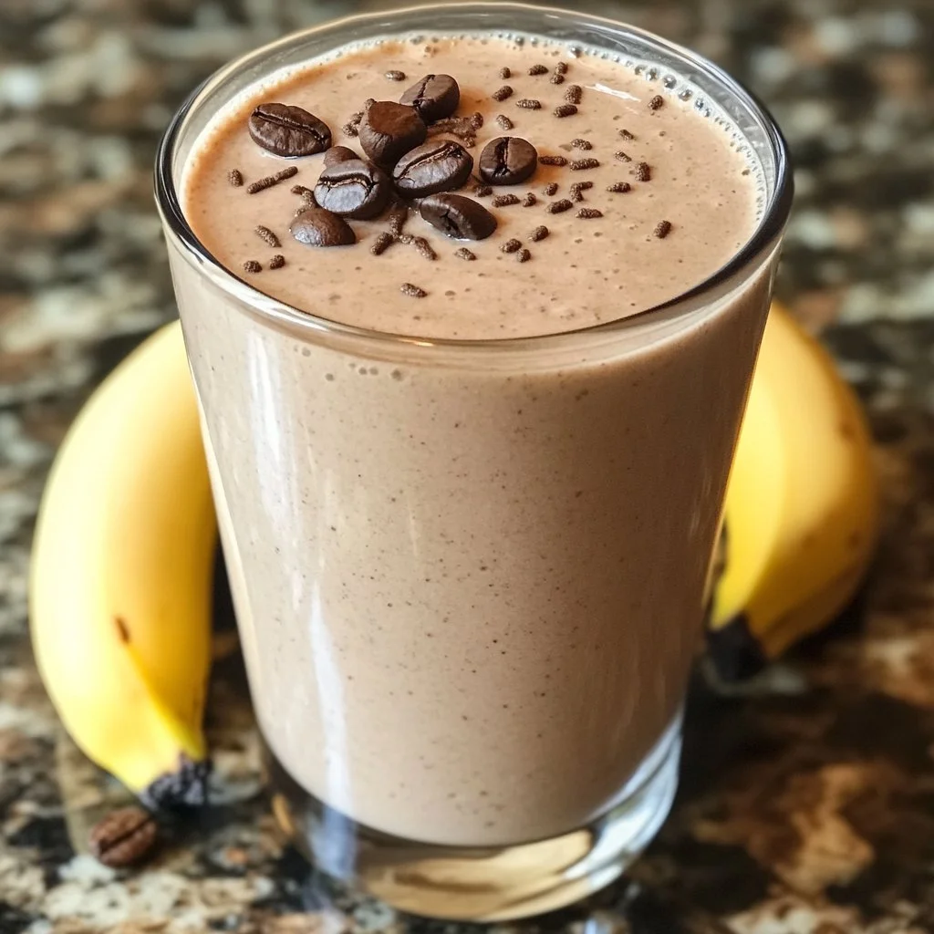 Healthy coffee banana protein smoothie served in a glass with banana slices