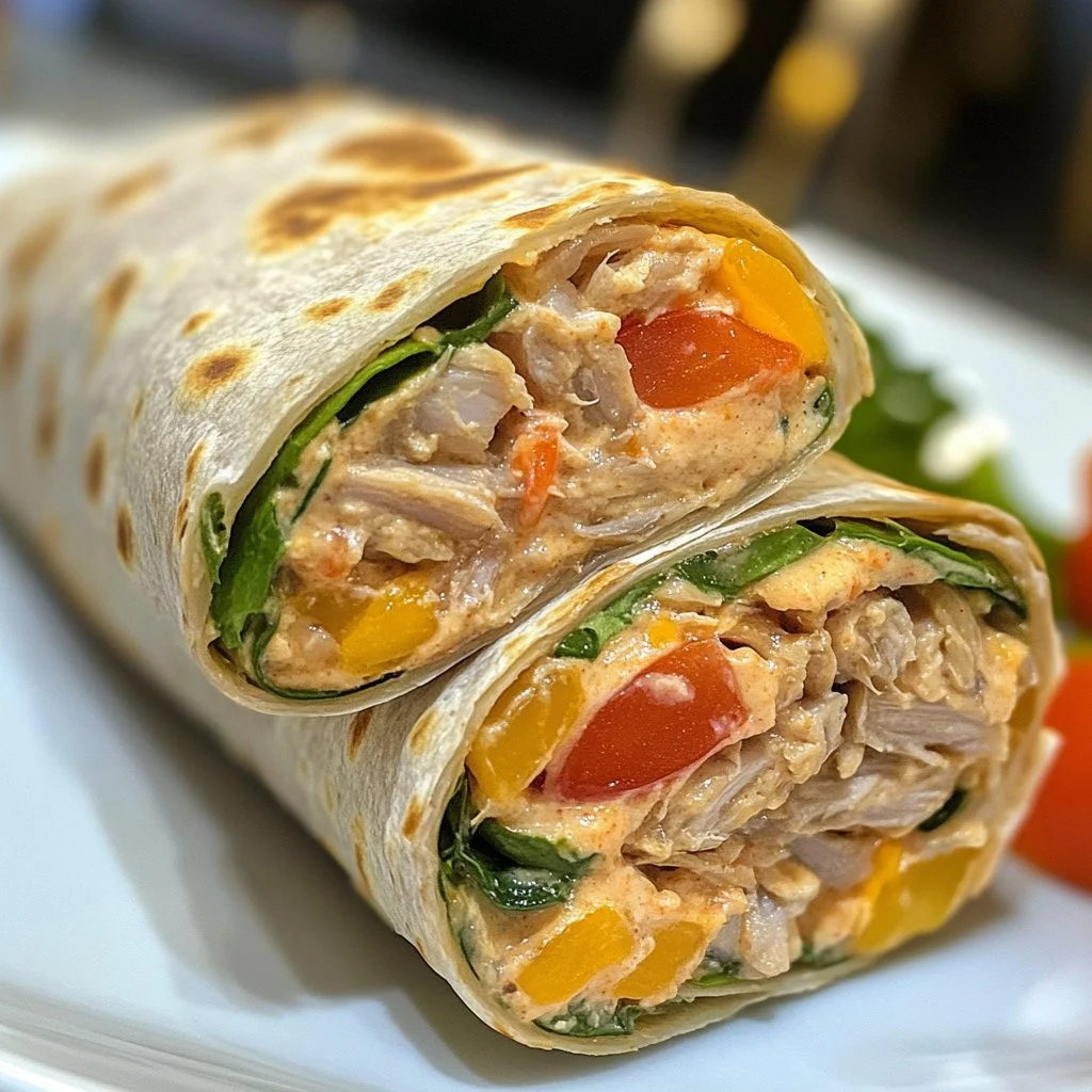Healthy tuna melt wrap with fresh vegetables and melted cheese