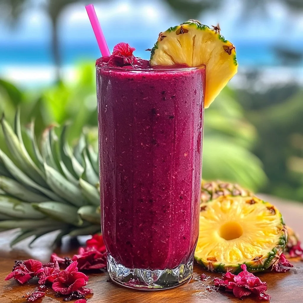 Hibiscus Tea Pineapple Smoothie in a glass with tropical garnishes