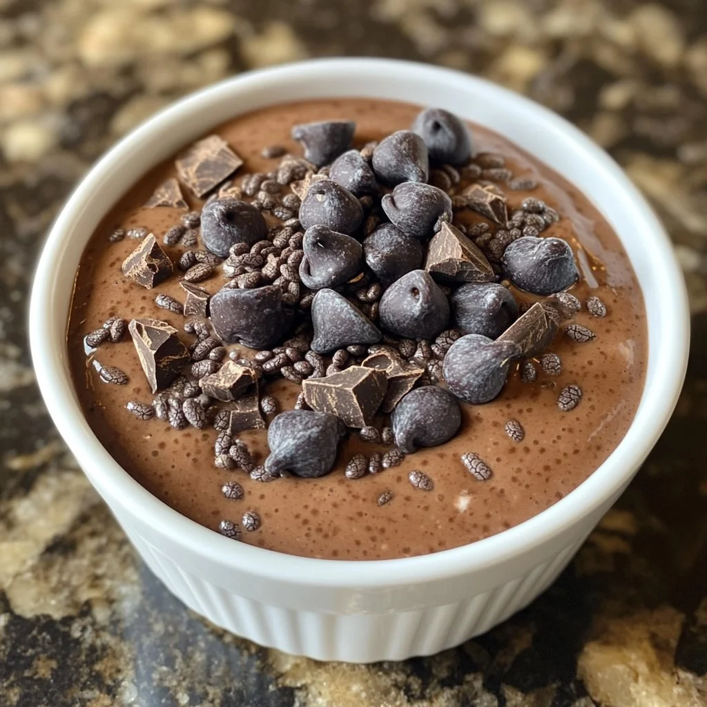 High protein chocolate chia seed pudding in a glass with toppings