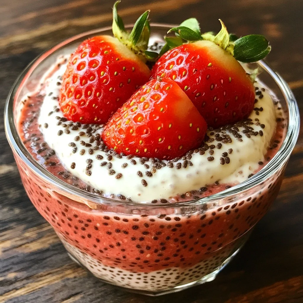 High-protein strawberry chia seed pudding topped with fresh strawberries.