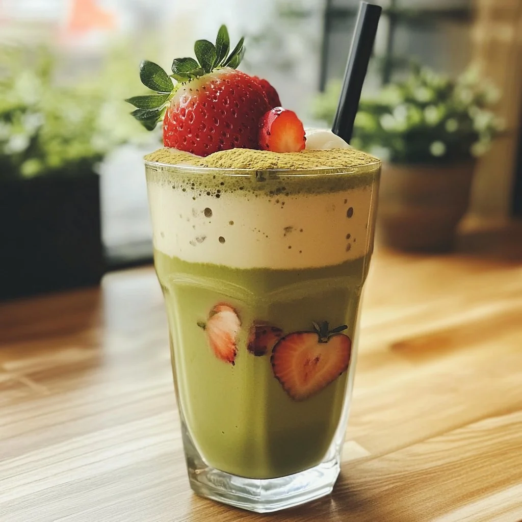 Iced strawberry matcha latte in a glass with fresh strawberries on the side