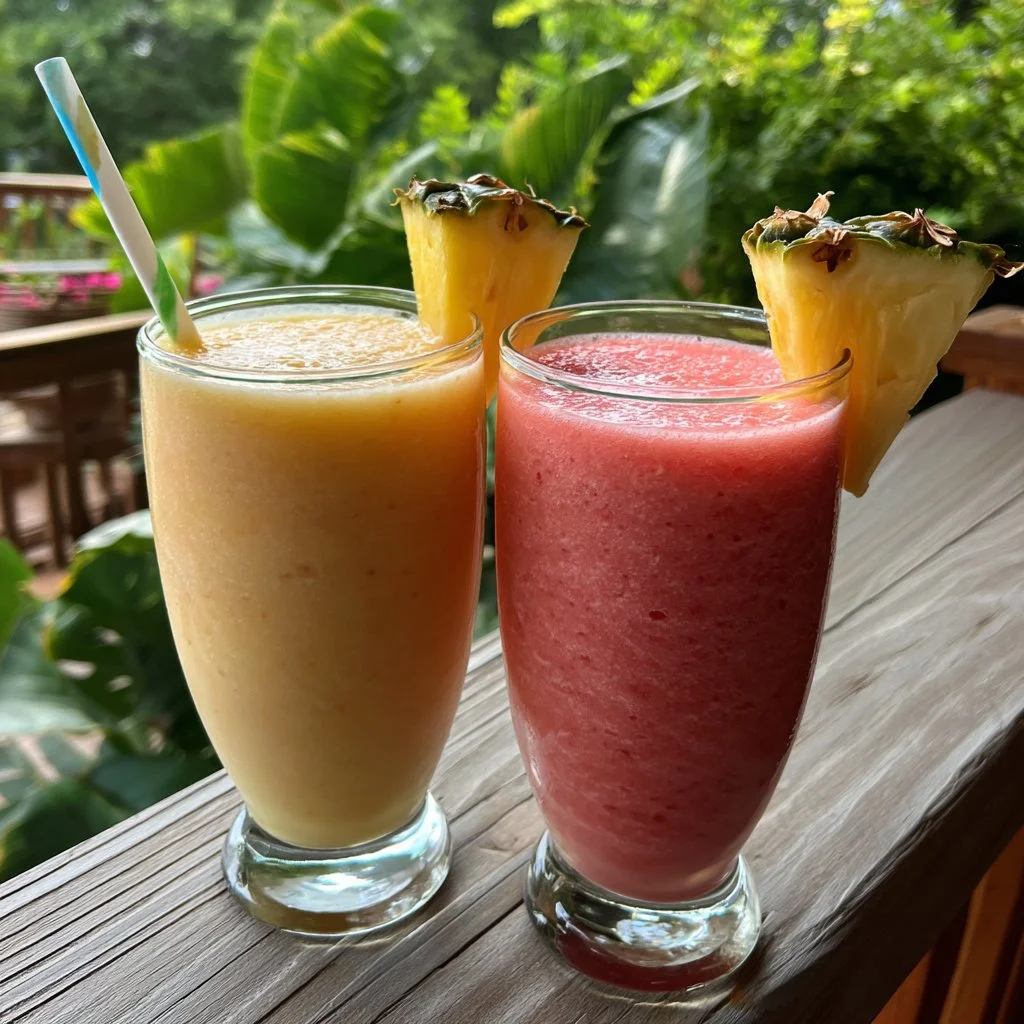 Batido tropical sabor playa en un vaso transparente decorado con frutas frescas