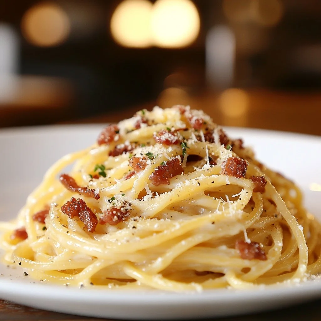Plato de espaguetis a la carbonara cremosa con ingredientes frescos
