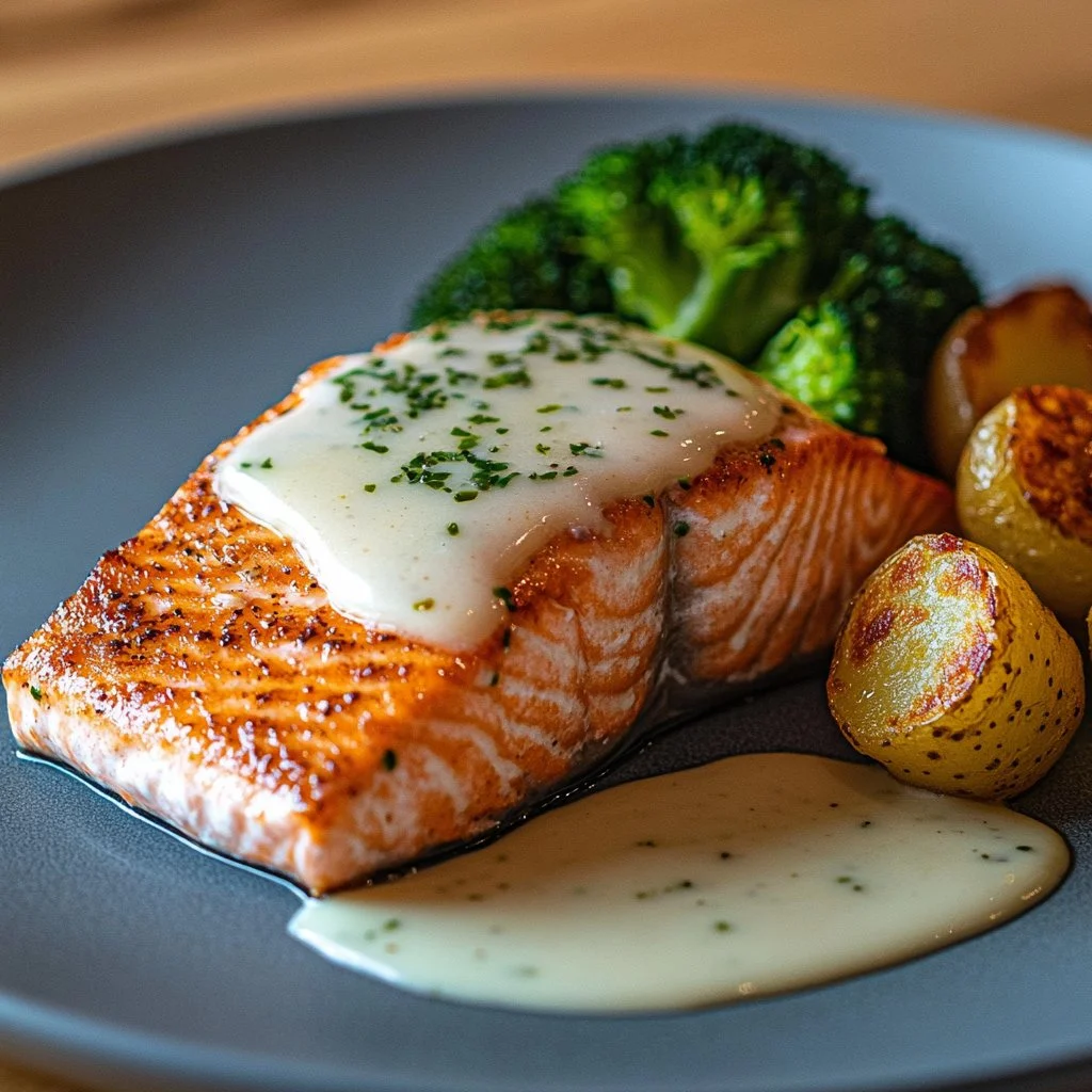 Plate of Lemon Butter Salmon with crispy potatoes and broccoli for a healthy meal.