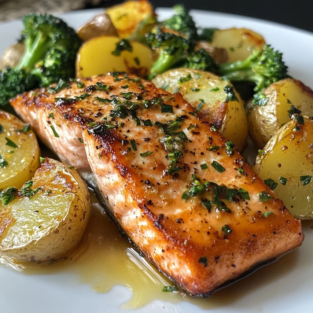 Plate of lemon butter salmon with crispy potatoes and broccoli