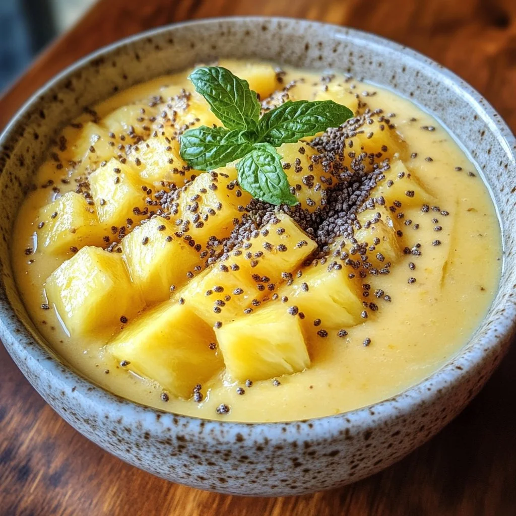 Mango Pineapple Smoothie Bowl topped with fresh fruits and seeds