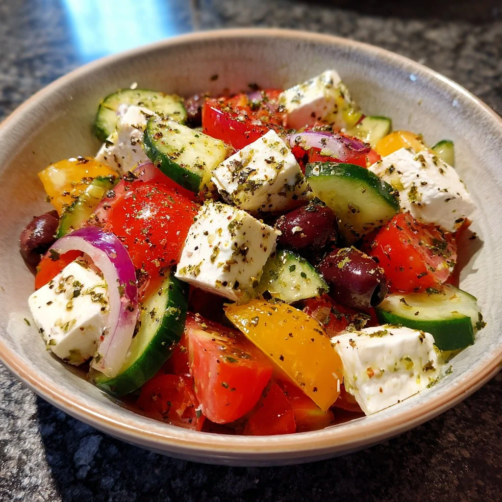 Deliciosa ensalada griega con tomate, pepino, queso feta y aceitunas