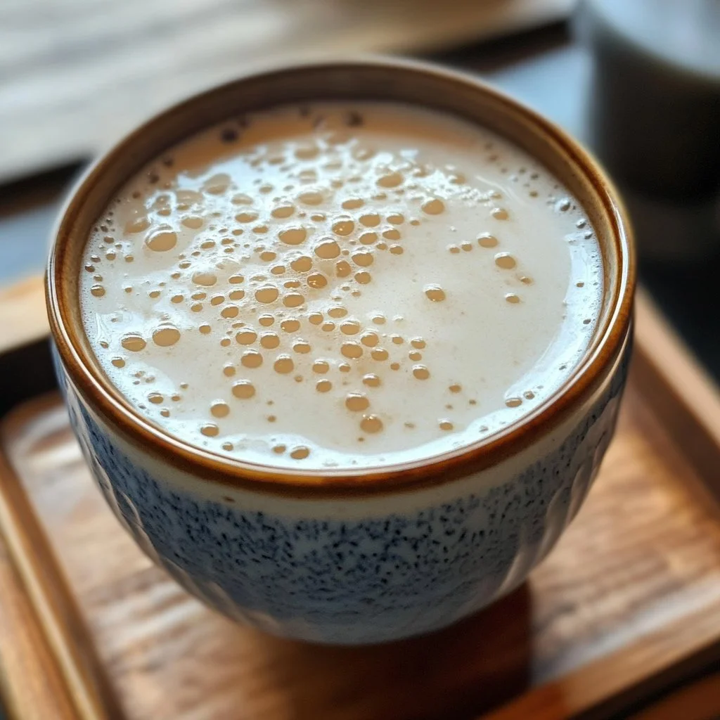A cup of delicate Moon Milk Tea with calming herbs and a dreamy frothy texture.