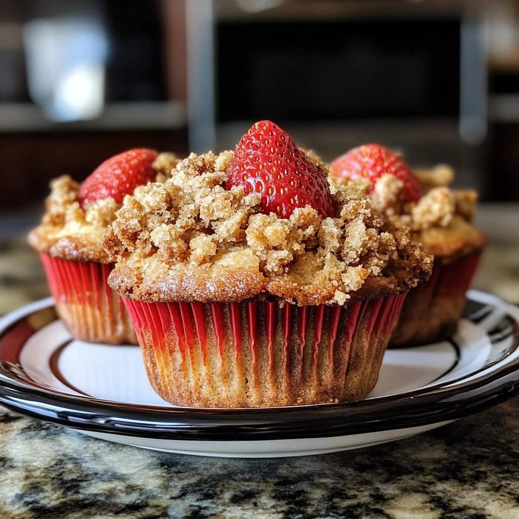 Muffins de crumble de fresa recién horneados con textura crujiente.