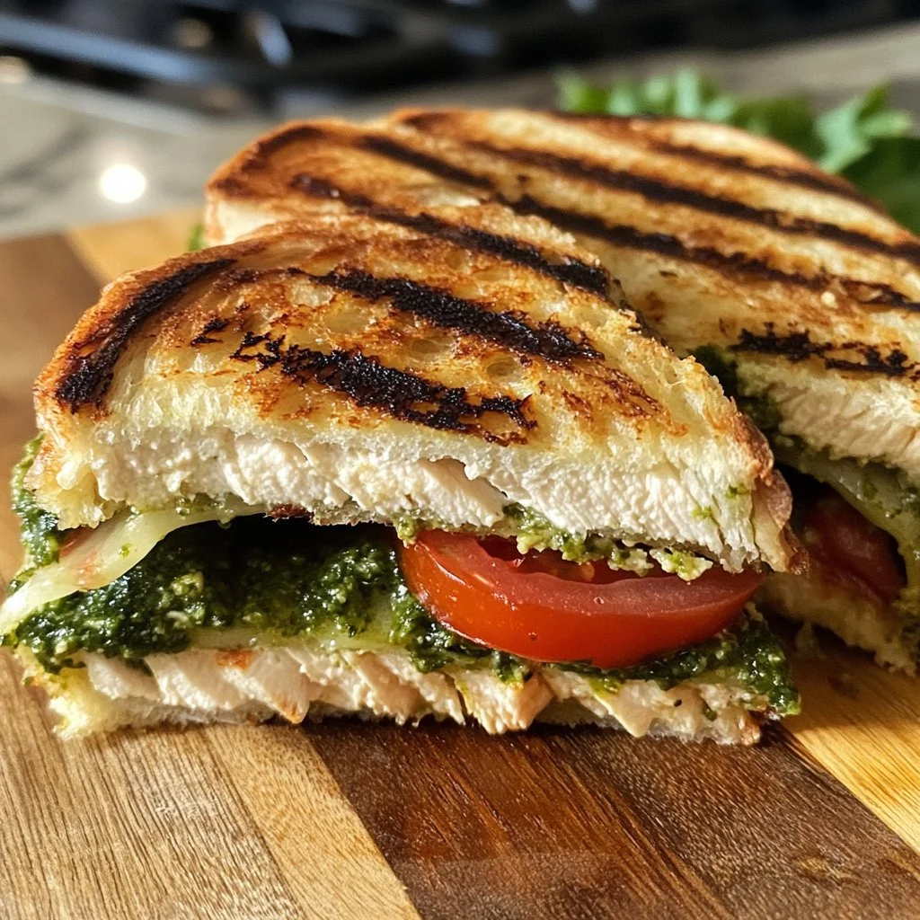 Panini recién hecho con Pesto de Pavo y vegetales frescos