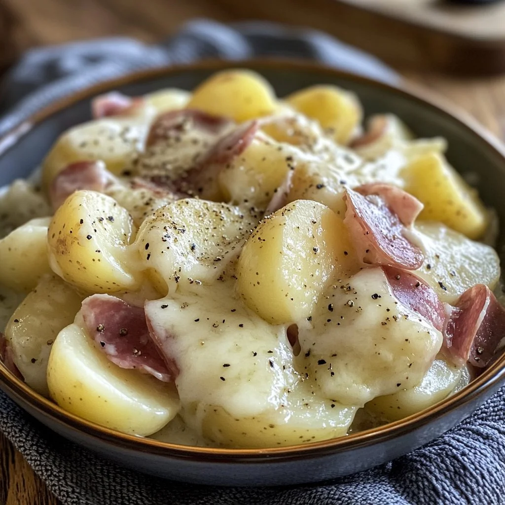 Plato de Papas con Mortadela y Scamorza servido en una mesa