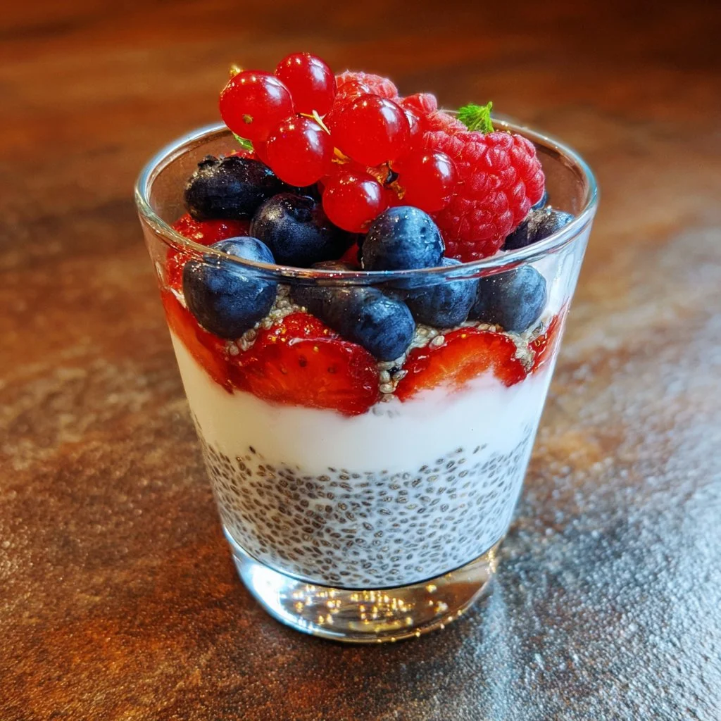 Parfait de yogur con bayas frescas y semillas de chía en un vaso