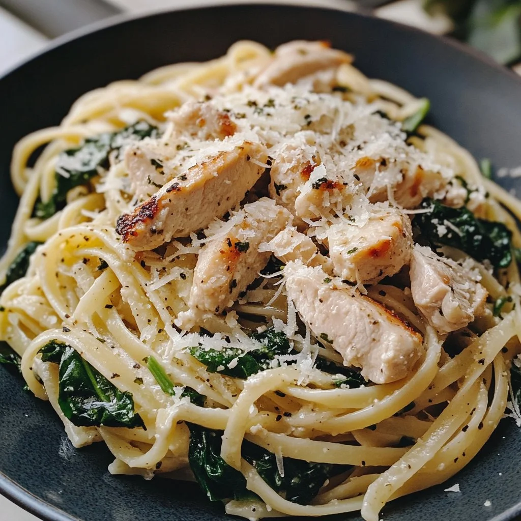 Pasta de Pollo saludable con ajo y queso parmesano en un plato colorido.