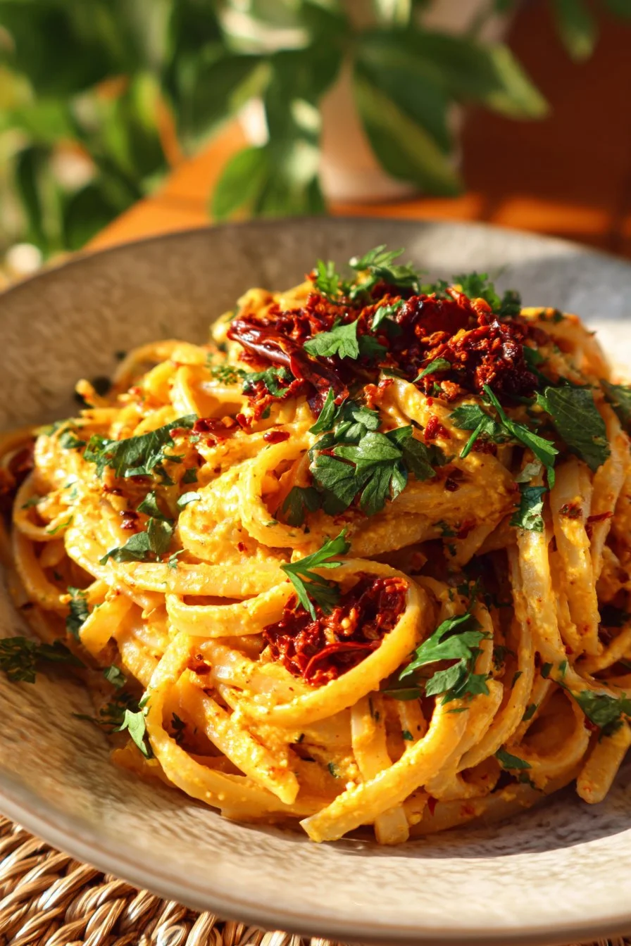 Receta de Pasta Vegana Cremosa con Tomates Secos al Sol