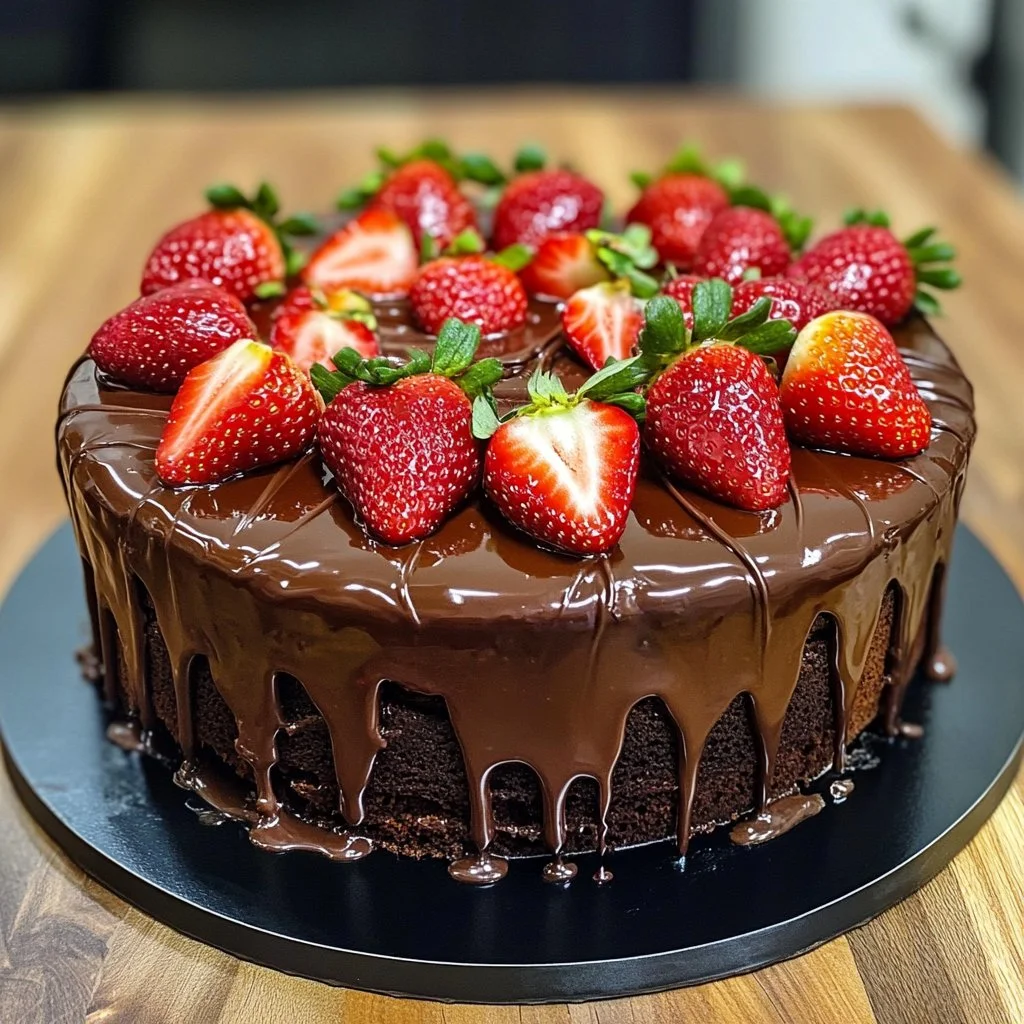 Pastel de Chocolate con Fresas decorado y listo para servir.