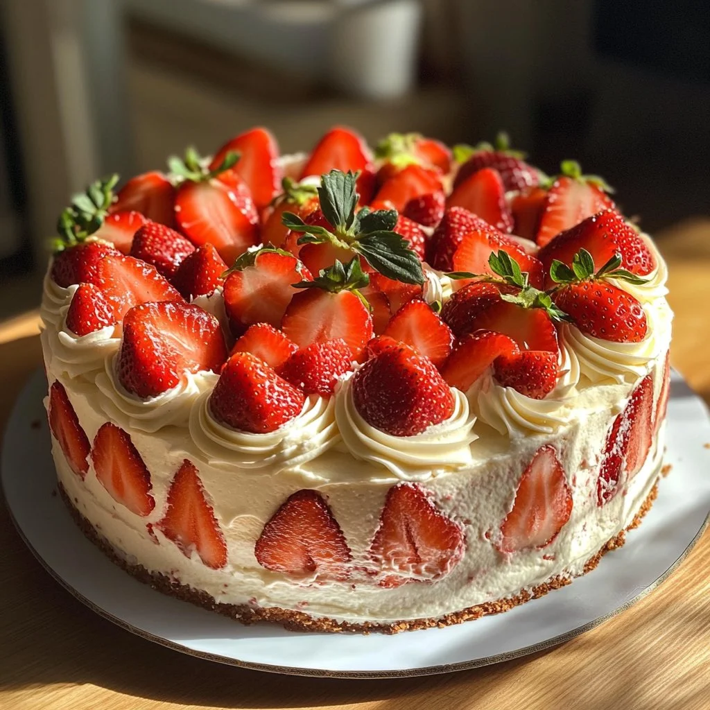 Pastel de fresa casero decorado con fresas frescas y crema