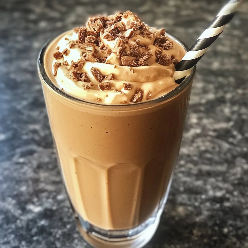 Peanut Butter Coffee Smoothie served in a glass, topped with coffee beans and peanut butter swirl.