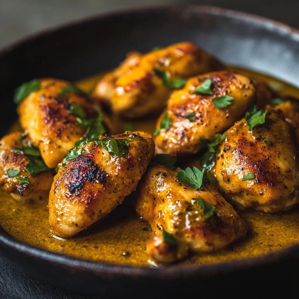 Plato de pollo a la mostaza servido en un bol con guarnición