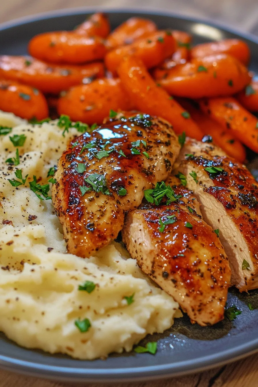 Pollo con Ajo y Hierbas, Puré de Patatas y Zanahorias Glaseadas