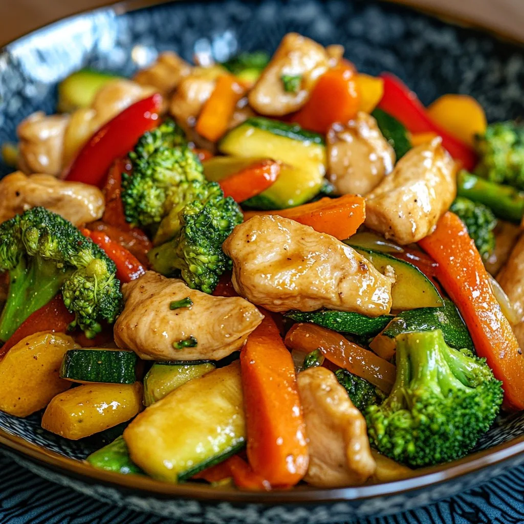 Plato de pollo con verduras colorido y sabroso