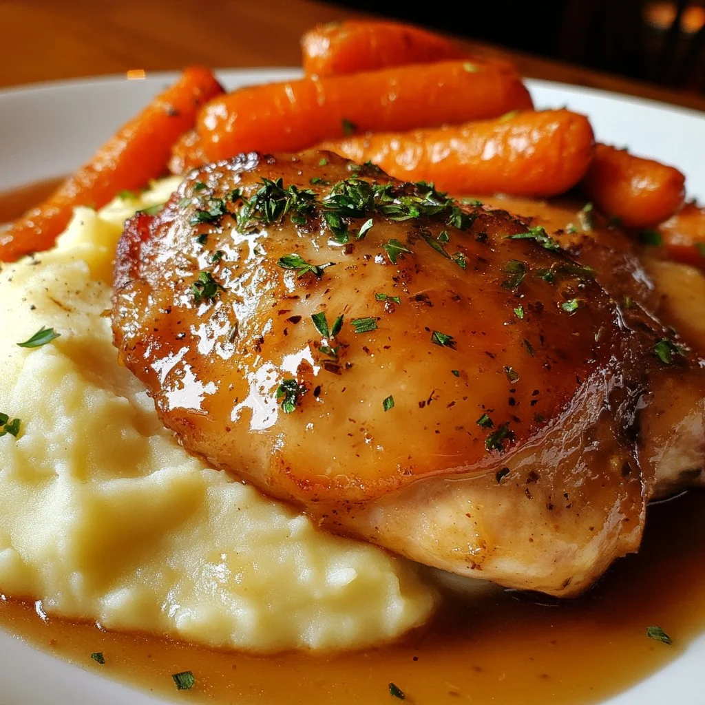 Plato de pollo cremoso con hierbas servido con puré de patatas y zanahorias glaseadas