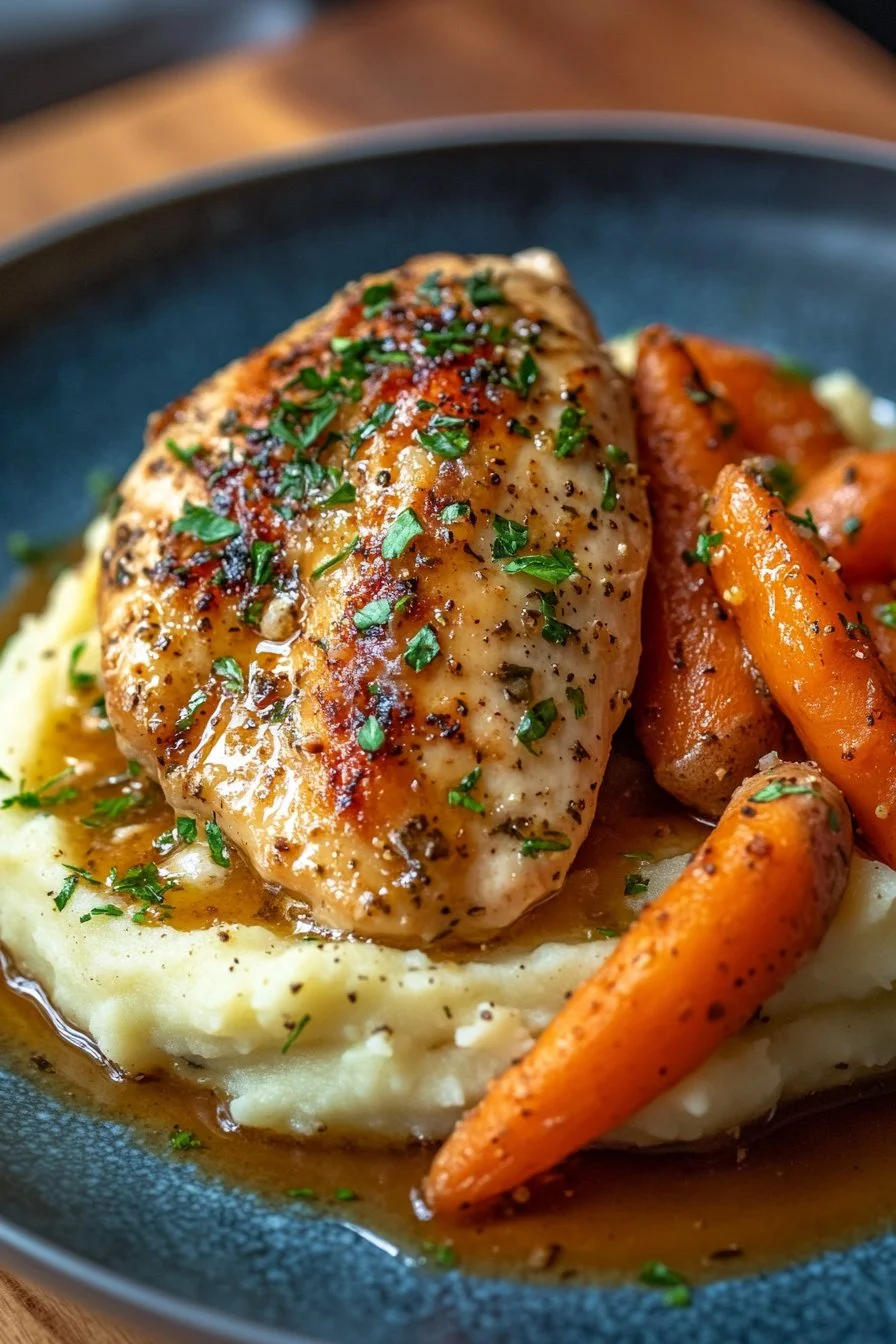 Pollo Cremoso con Hierbas, Puré de Patatas y Zanahorias Glaseadas: Una Cena Completa de Comida Reconfortante