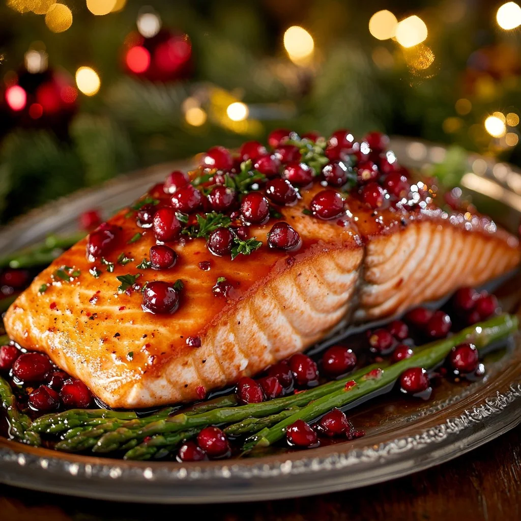 Pomegranate and orange glazed salmon dish garnished with fresh herbs