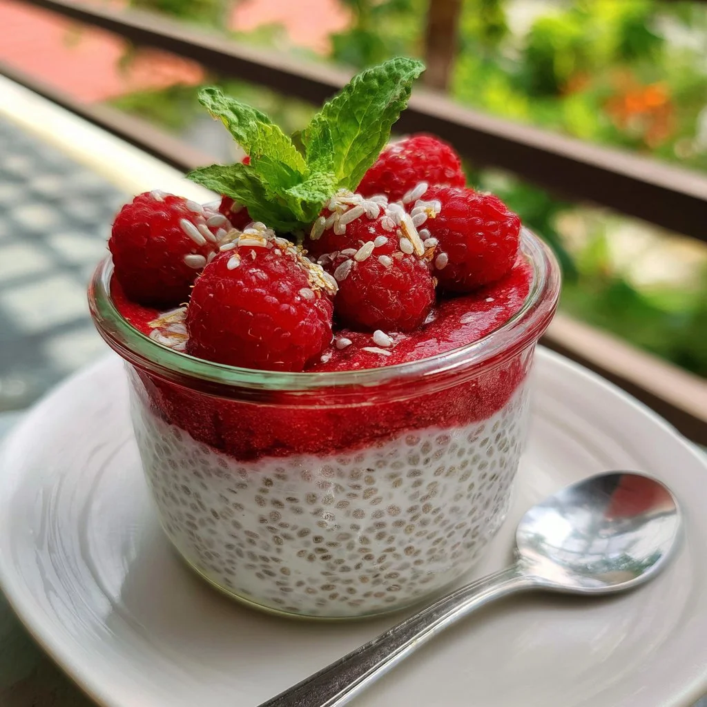 Pudín de chía con frambuesa en un tazón decorado con frutas frescas.