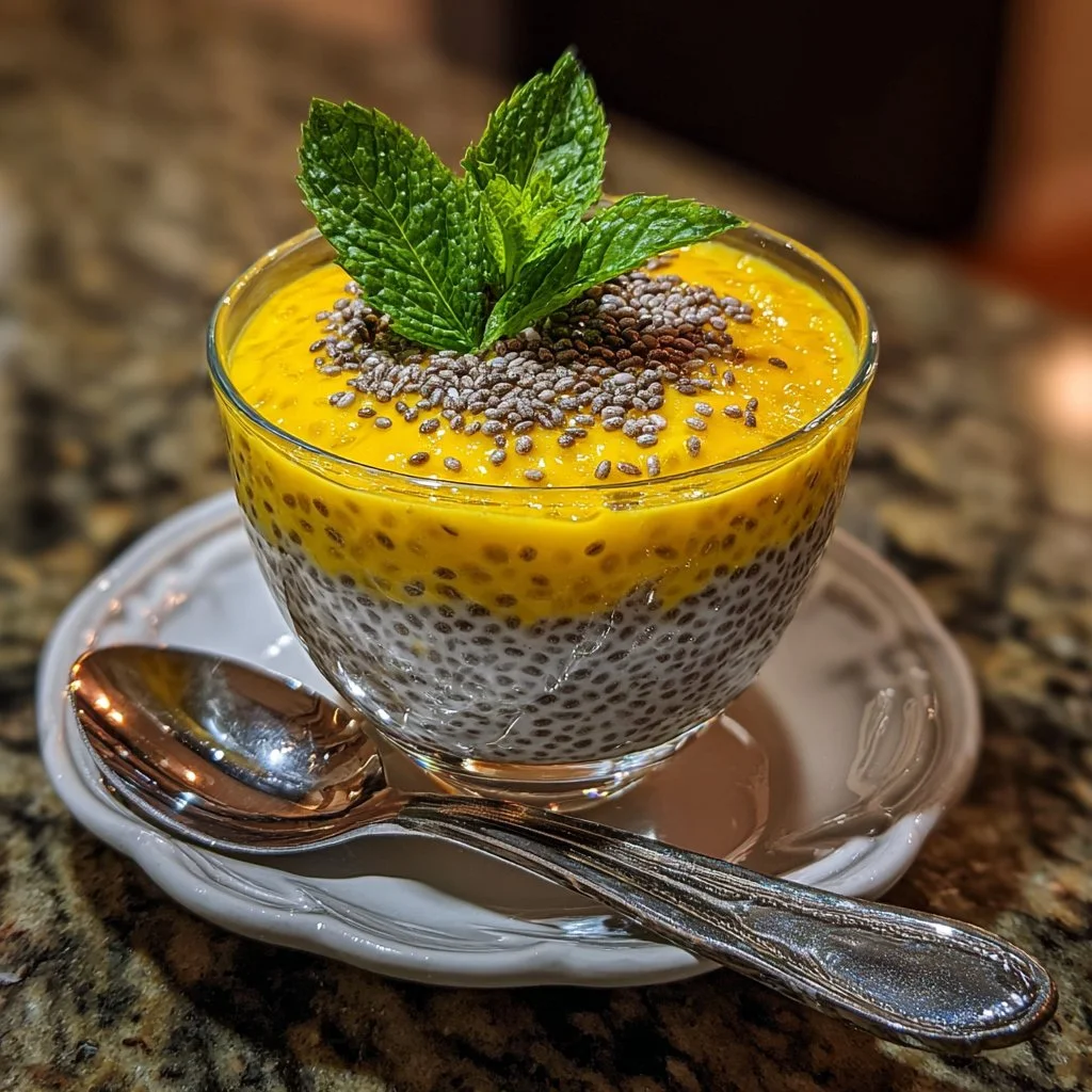 Pudín de chía con mango fresco y cremoso en un tazón.
