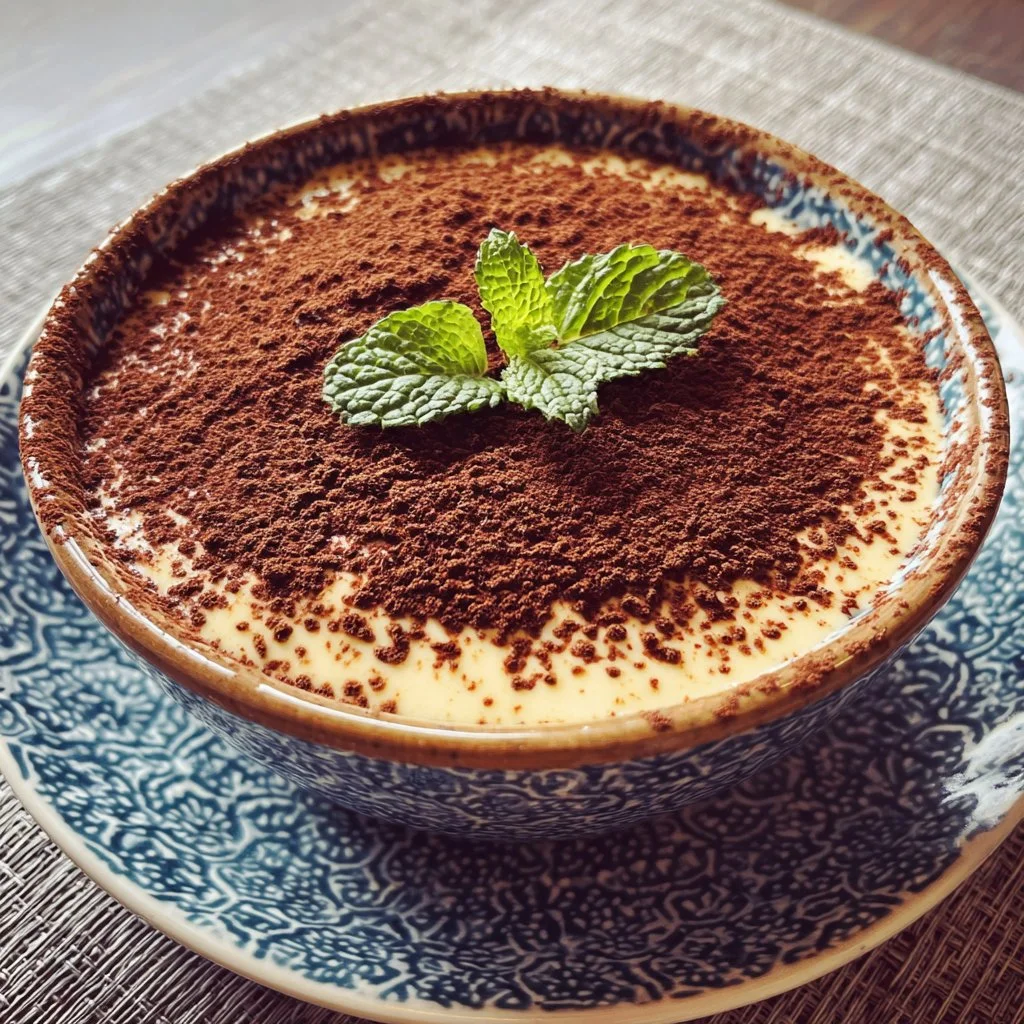 Pudin de Chía Tiramisu sin gluten y sin azúcar refinado servido en un recipiente.