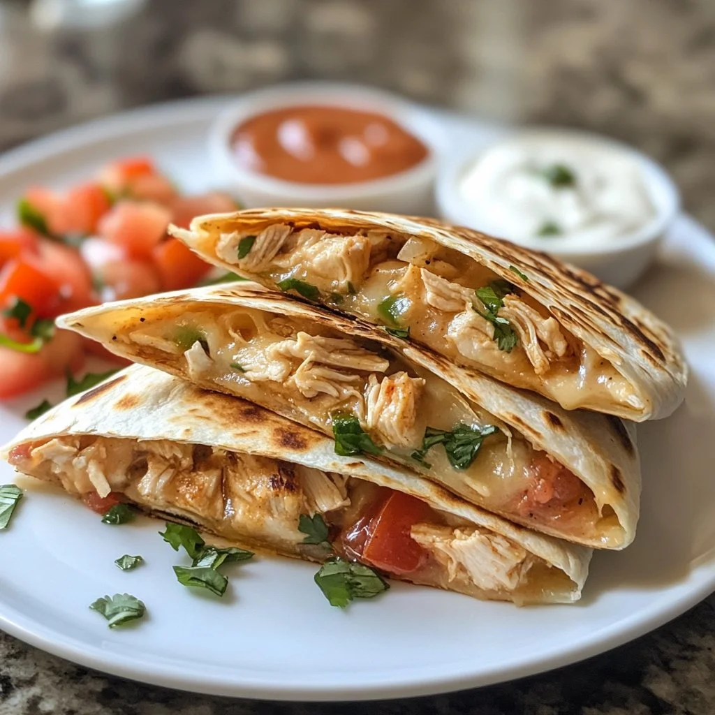 Deliciosas quesadillas de pollo ranchero con queso y salsa.