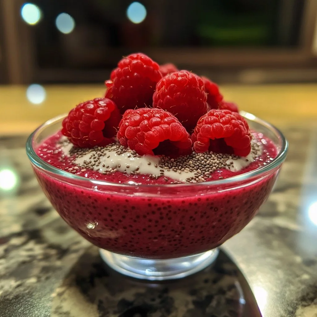 Delicious and healthy Raspberry Chia Pudding in a glass bowl