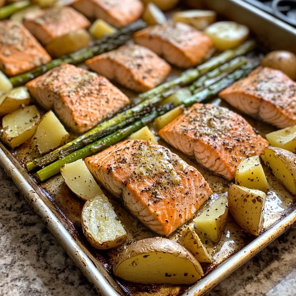 Bandeja de salmón espárragos y papas recién horneados.